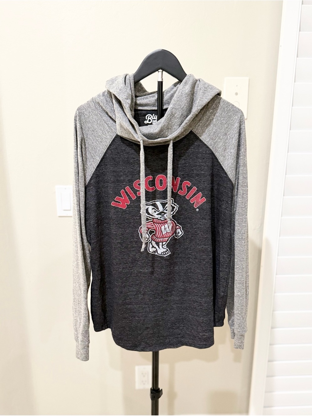 Blue 84 Wisconsin Badgers Bucky Raglan Cowl Neck Hoodie Made in USA Gameday